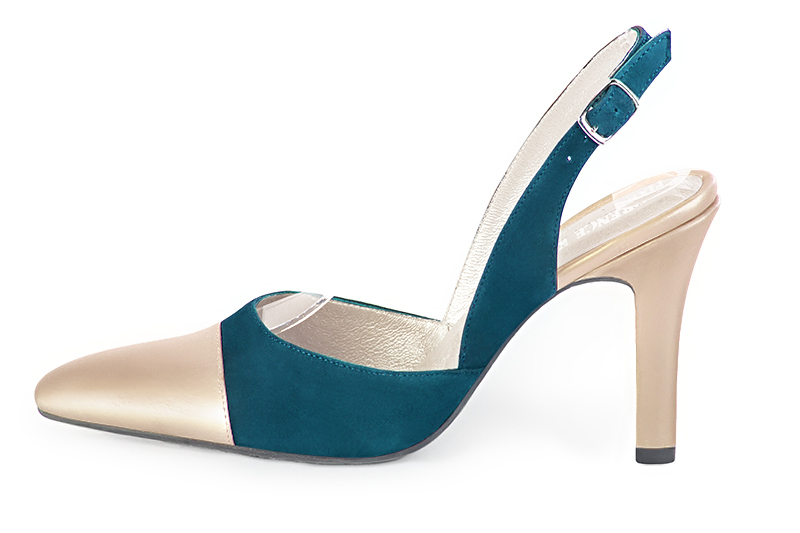 Gold and peacock blue women's slingback shoes. Tapered toe. Very high kitten heels. Profile view - Florence KOOIJMAN